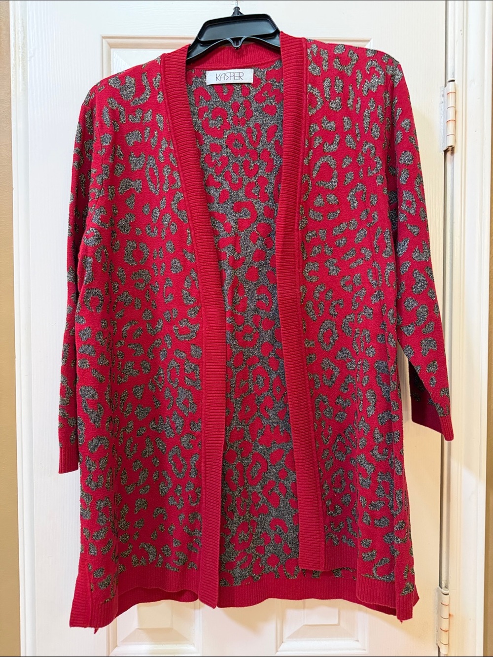 Kasper Red and Gray Leopard Open Front Cardigan